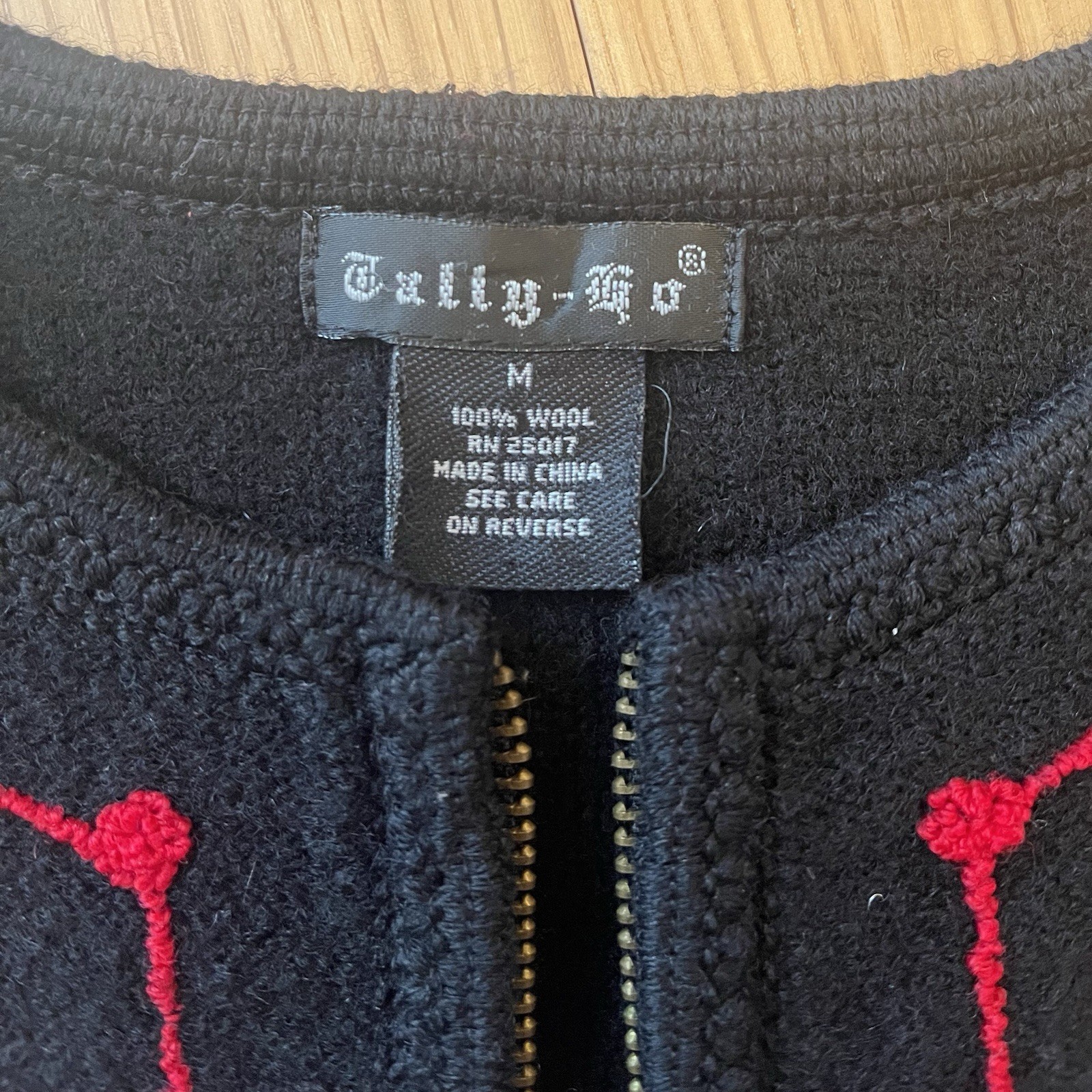 Tally Ho 100% Wool Floral Embroidered Zip Jacket Black Red Flowers Women’s M