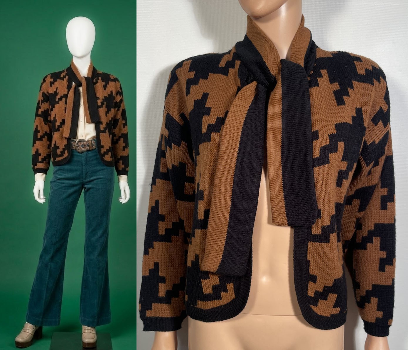 Vintage 1980s Brown Houndstooth Cardigan With Attached Collar Tie Size M