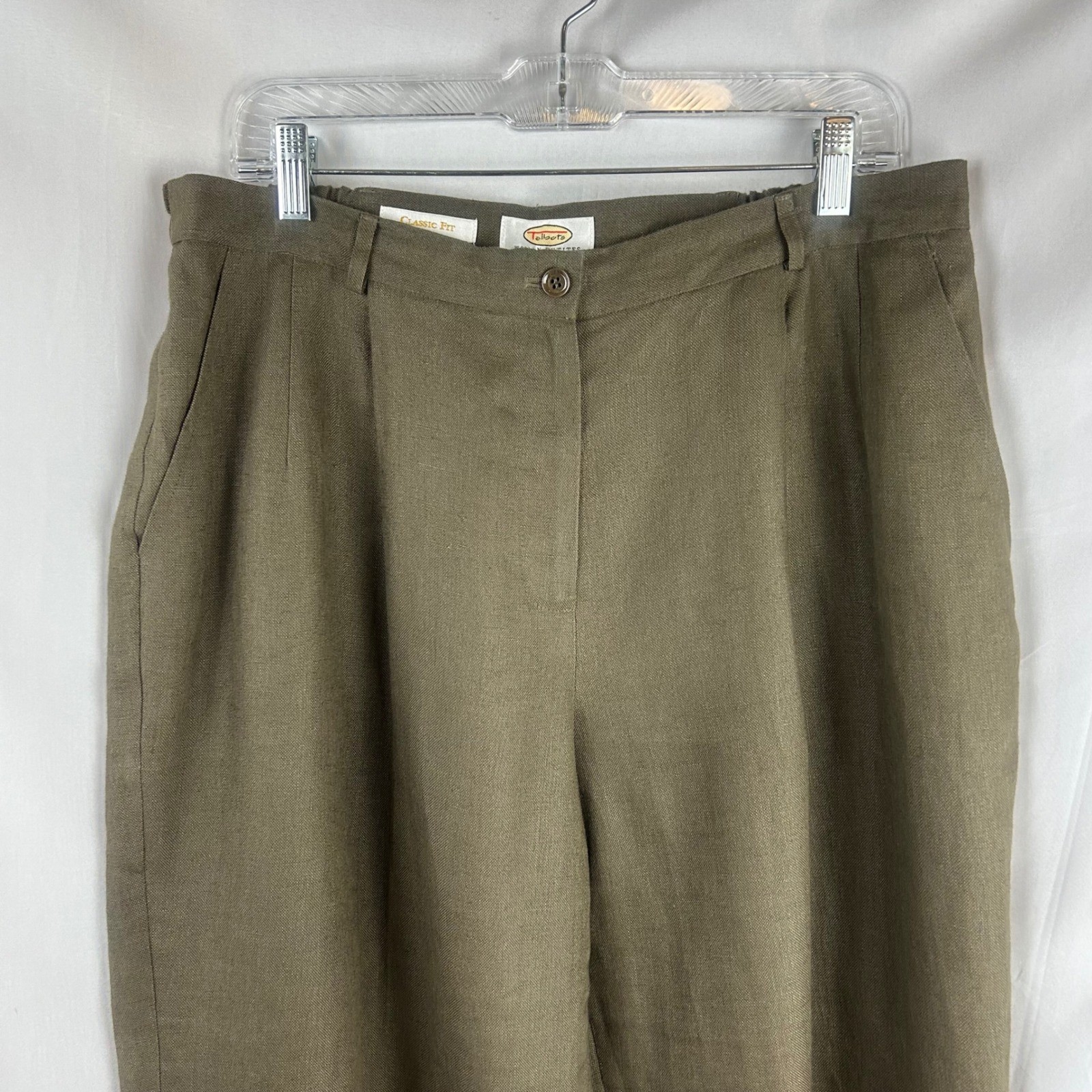 Talbots Vintage 90s Irish Linen Trousers Olive Green Pleated Pants 12 Petite