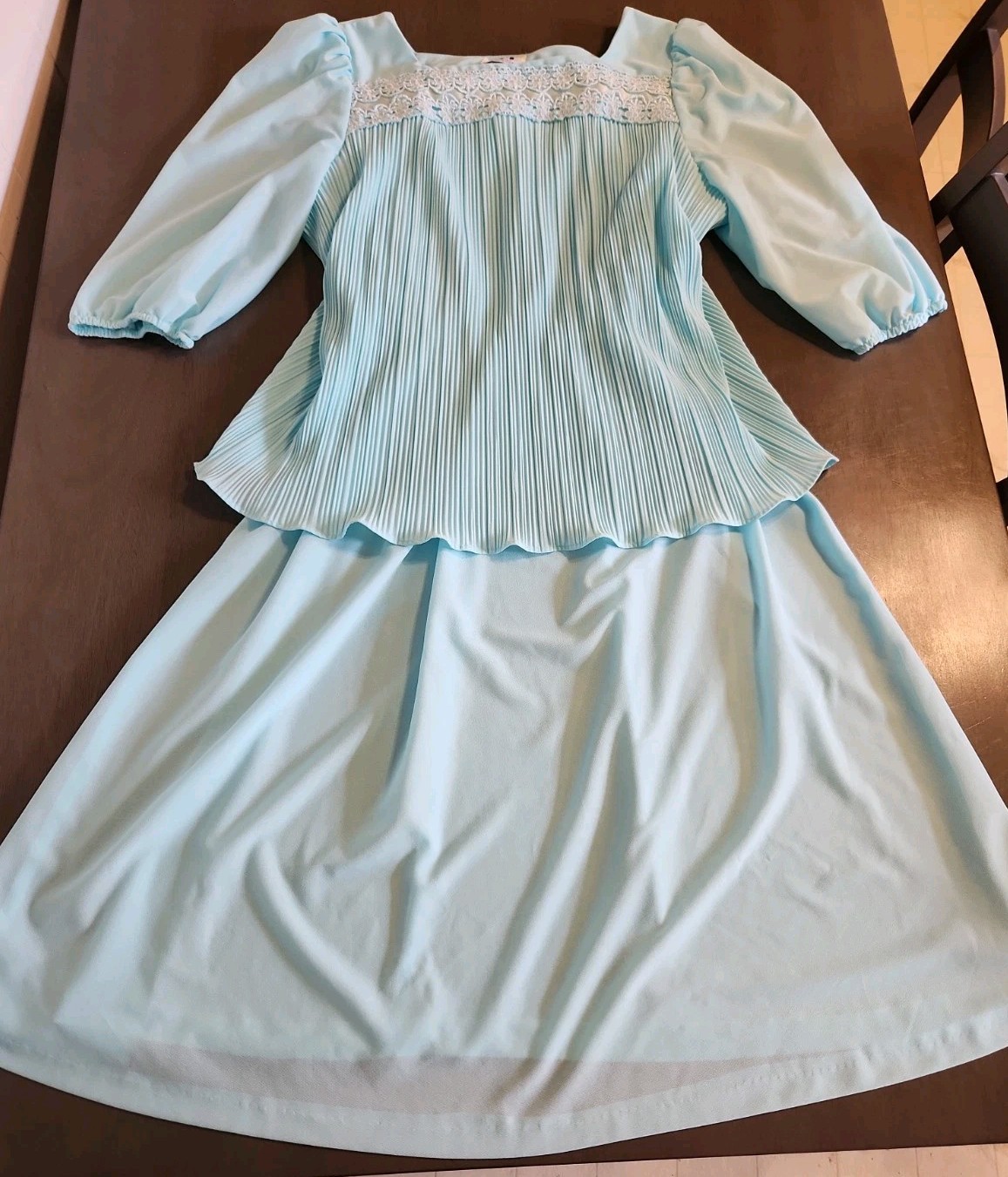 Vtg 70/80s Cue Fashion Pleated USA Made Dress Lace Women Sz 16 Golden Girl Style