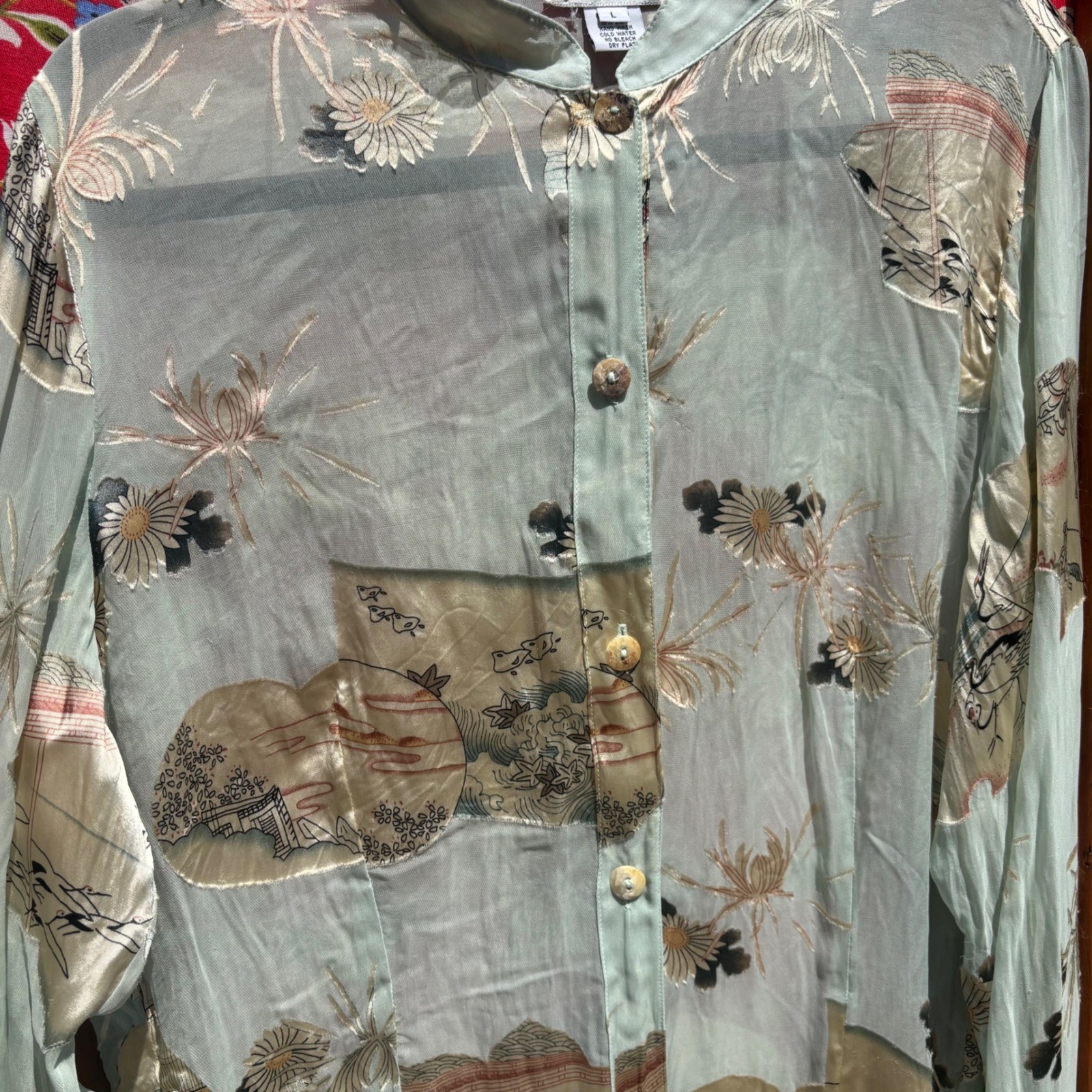 Vintage Semi Sheer Beachy Coastal Button Front Boho Blouse Size L