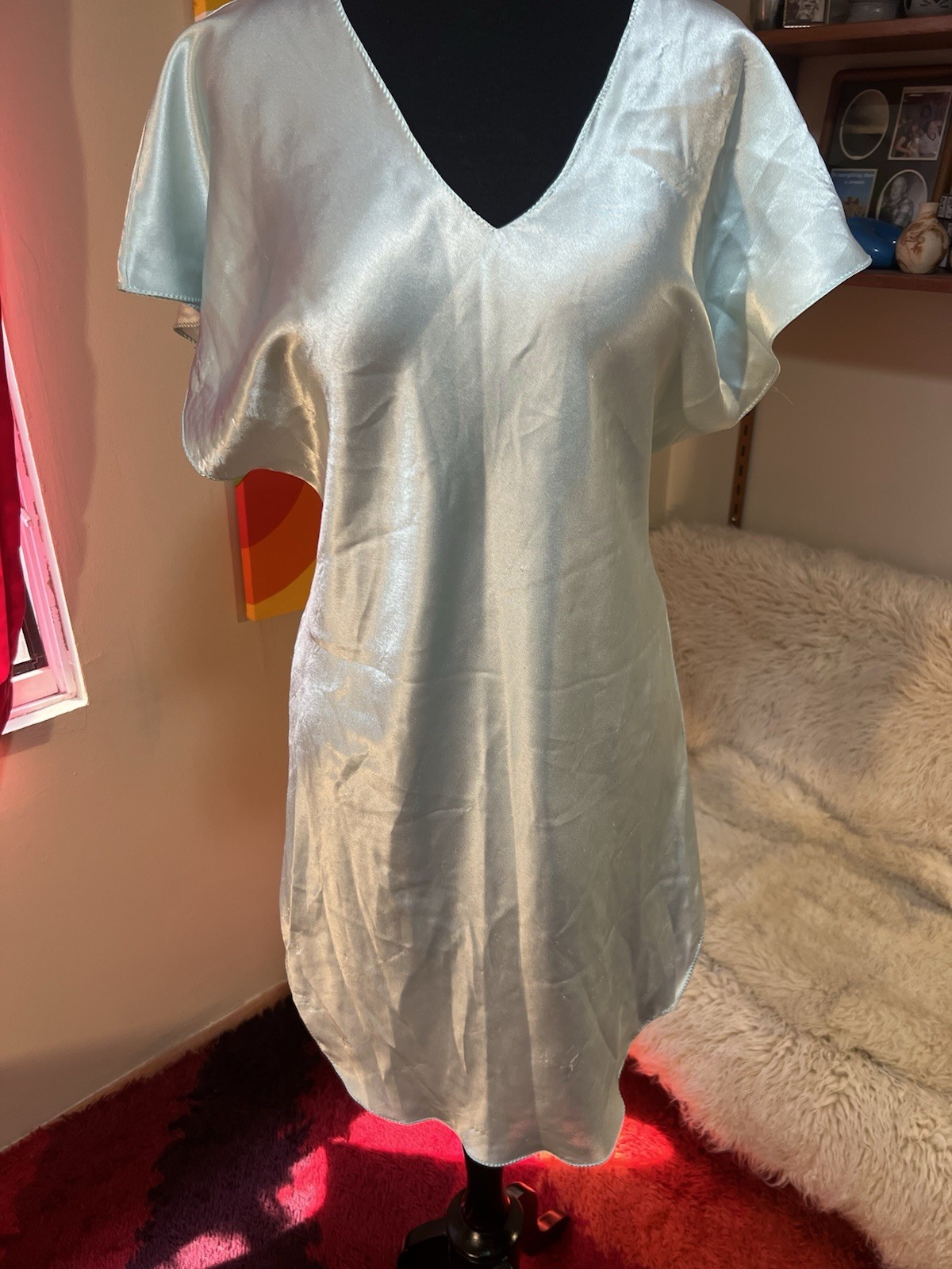 VINTAGE NAN FLOWER Glossy Satin Bb Blue Slip Dress USA Large
