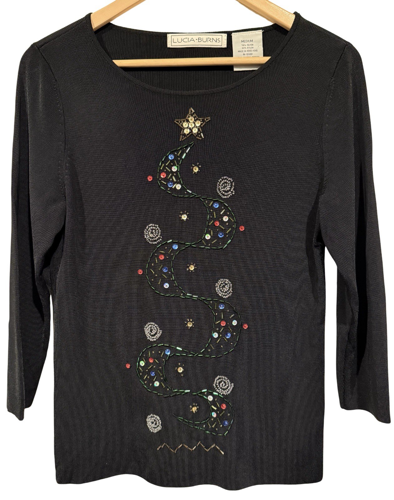Lucia Burns Vintage 90s Christmas Tree Top Black Sequined Beaded Size M Festive