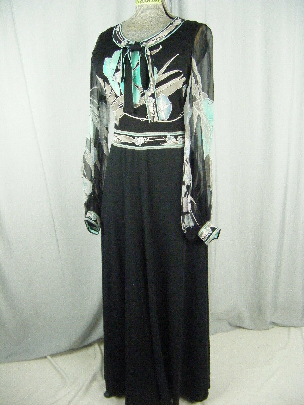 LEONARD PARIS Vtg 60s Green Black Silk Knit Chiffon Sleeve Dress-Bust 30-36/XS-S