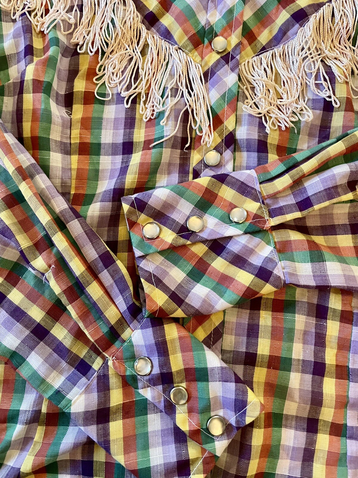 Vintage 70s H BAR C California RANCHWEAR Shirt Women 34 Plaid Fringe Pearl Snap