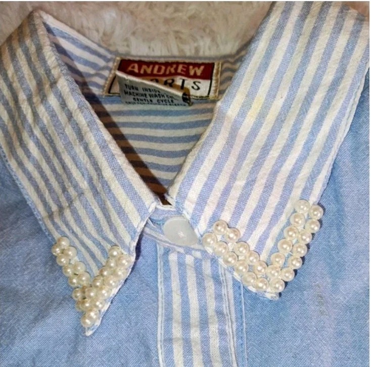 Vtg 80s Glam Maximalism Andrew Sport Pearl & Sequin Blue Cotton Stripe Shirt M