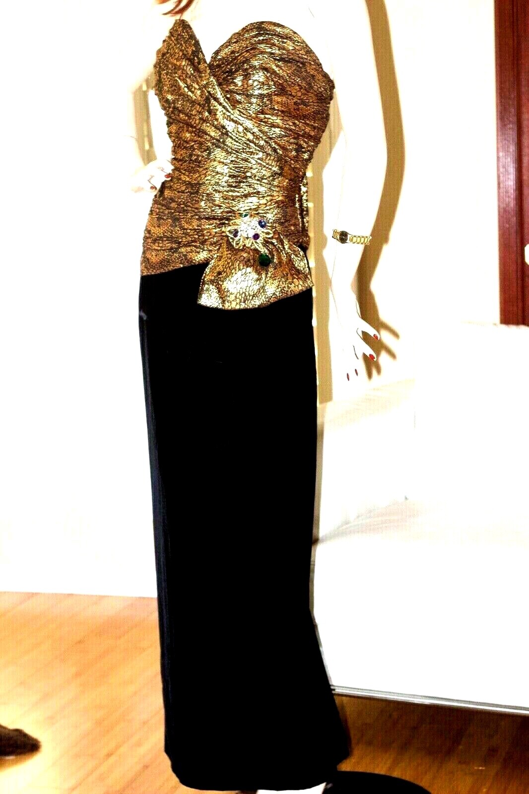 VTG 70s Eugene Alexader Formal Long Gold Black Velvet Evening Dress Sz10