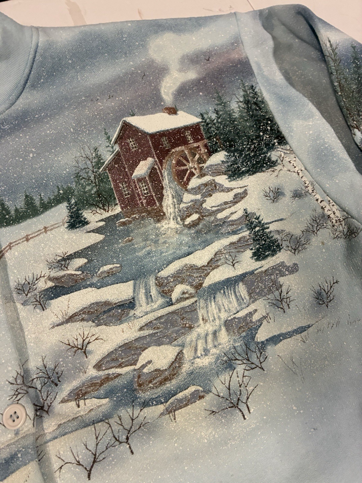 Vtg Winter Scene Graphic Sweatshirt Jacket Women’s Med Grandmacore Button (XL!)