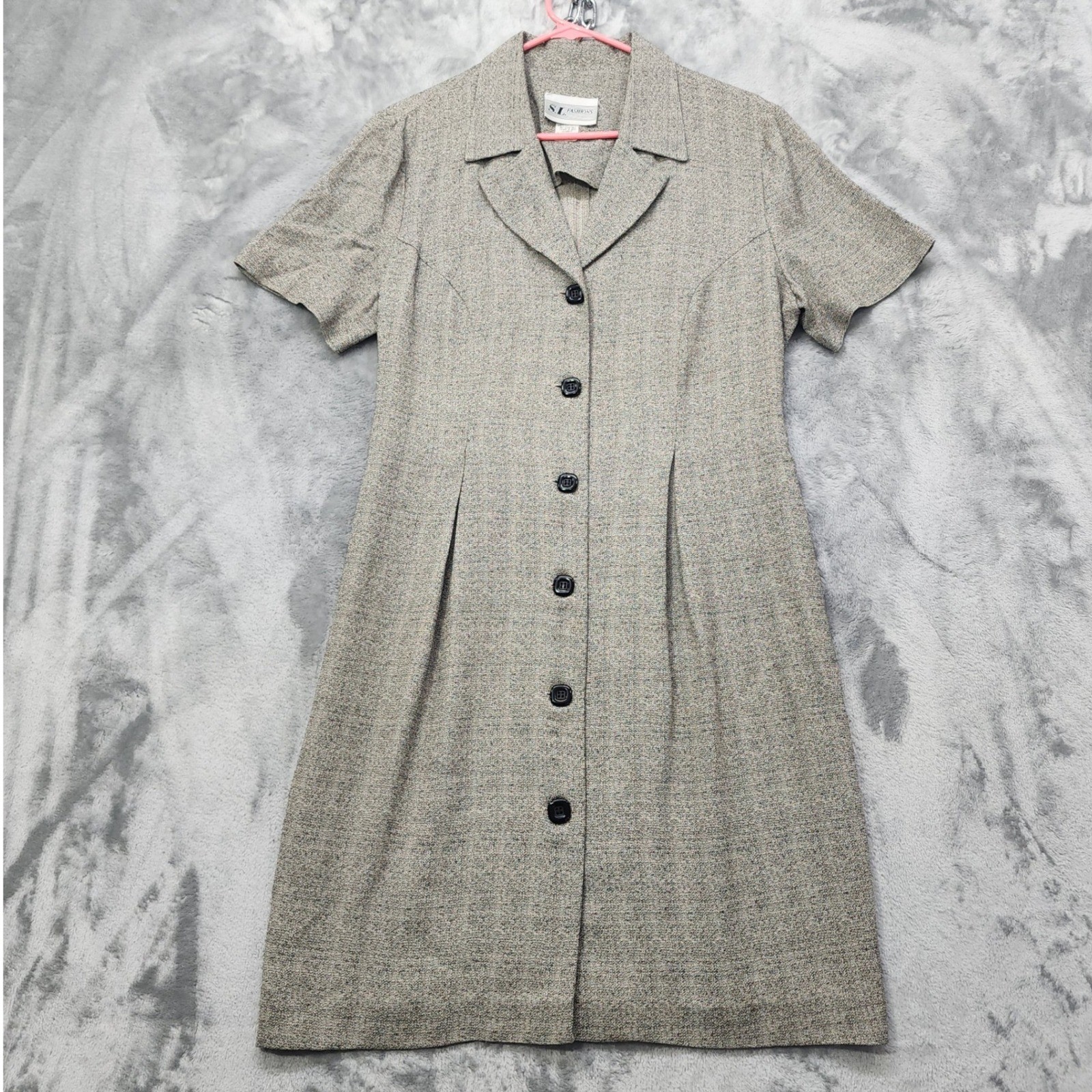 Vintage SL FASHIONS Womens 12 Beige Black Short Sleeve Button Up Sheath Office