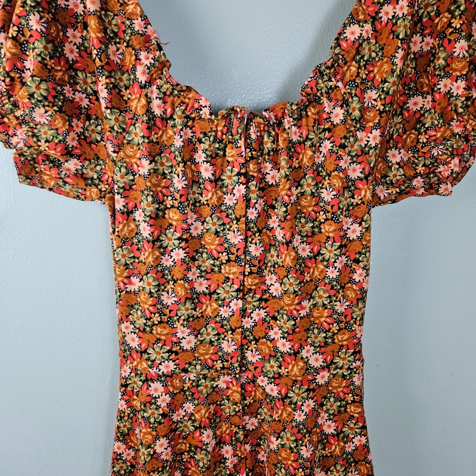 Vintage Floral Polyester Off The Shoulder Fit & Flare Dress Sz S? XS? Rust Brown