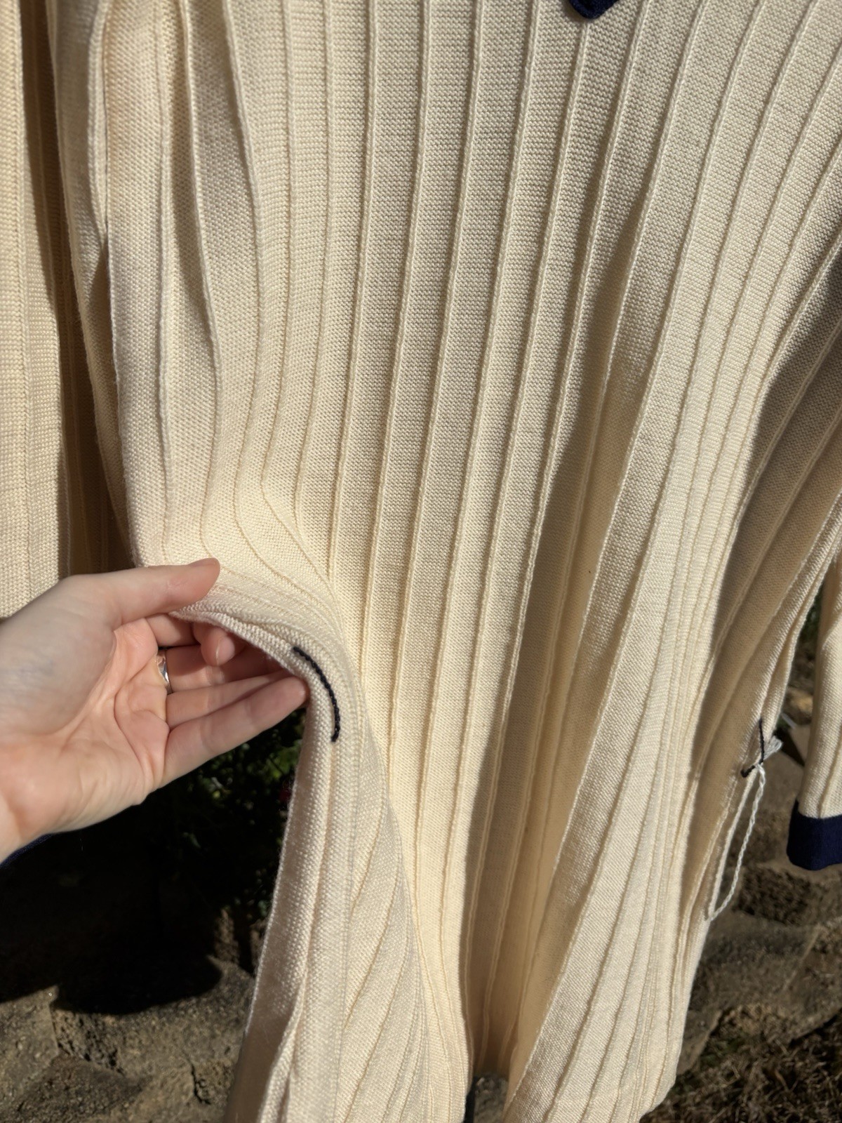 Vintage 1950s Cream And Navy V Neck Sweater Knit Dress Preppy School