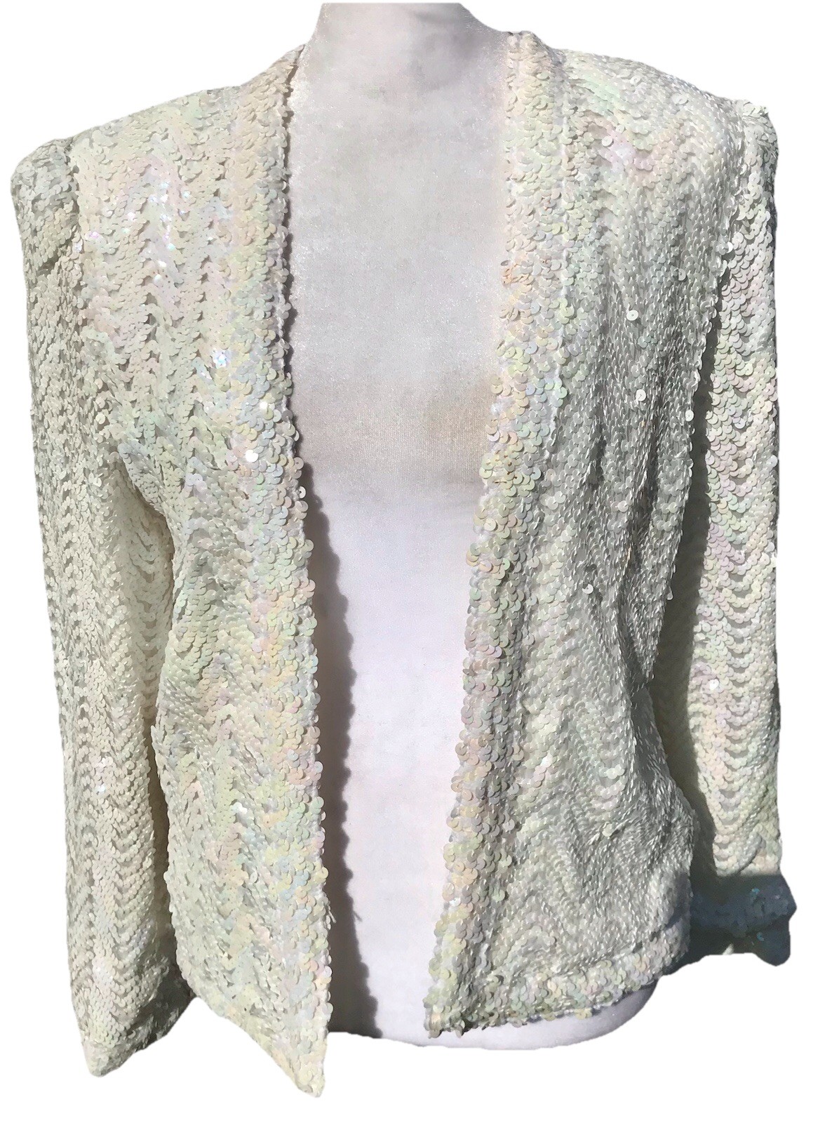 Vtg 70s 80s Lilly Diamond Calif Sequin Iridescent White Jacket S M Cardigan Coat