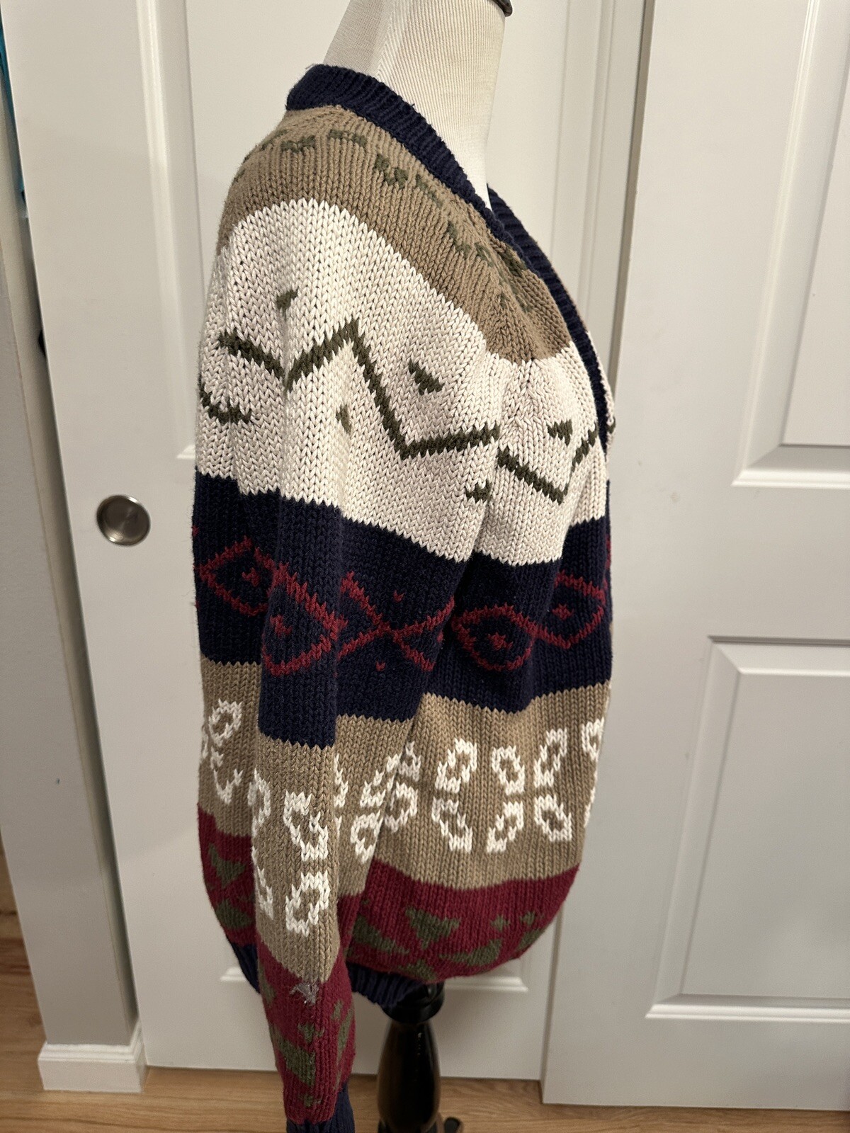 Vtg Patterned Blue Beige Red Green Cardigan Sweater 80’s Colorful Sz L Unisex