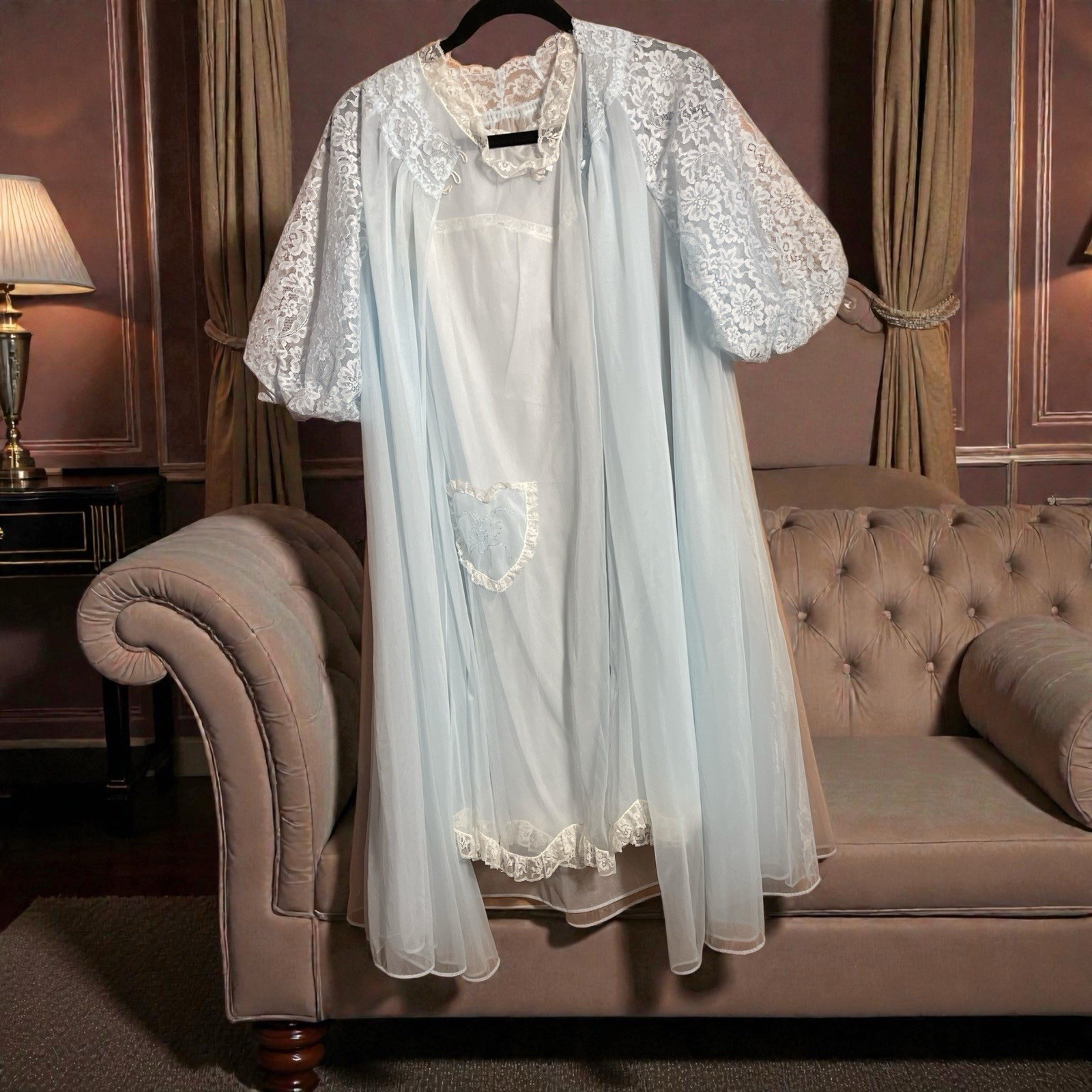 Vintage Sheer Blue Peignoir Set Lace Nylon Robe & Nightgown Boudoir Glam
