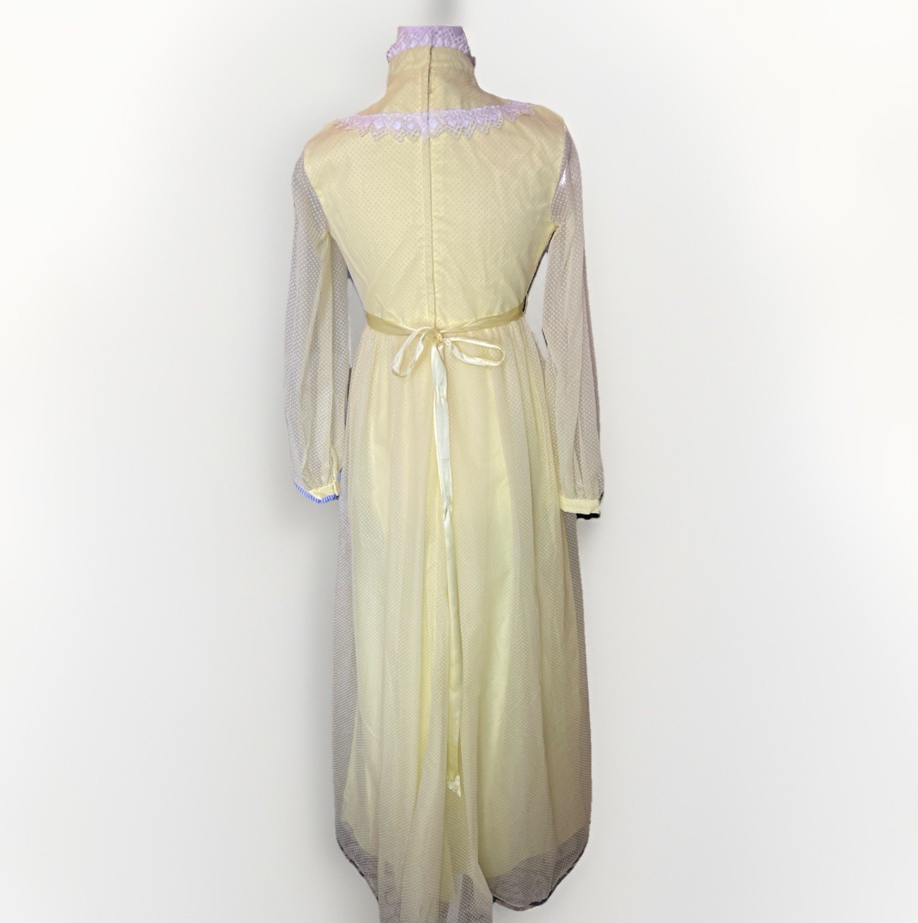 Vtg 70s Yellow Swiss Dot Prairie Dress Victorian Revival Empire Waist Small