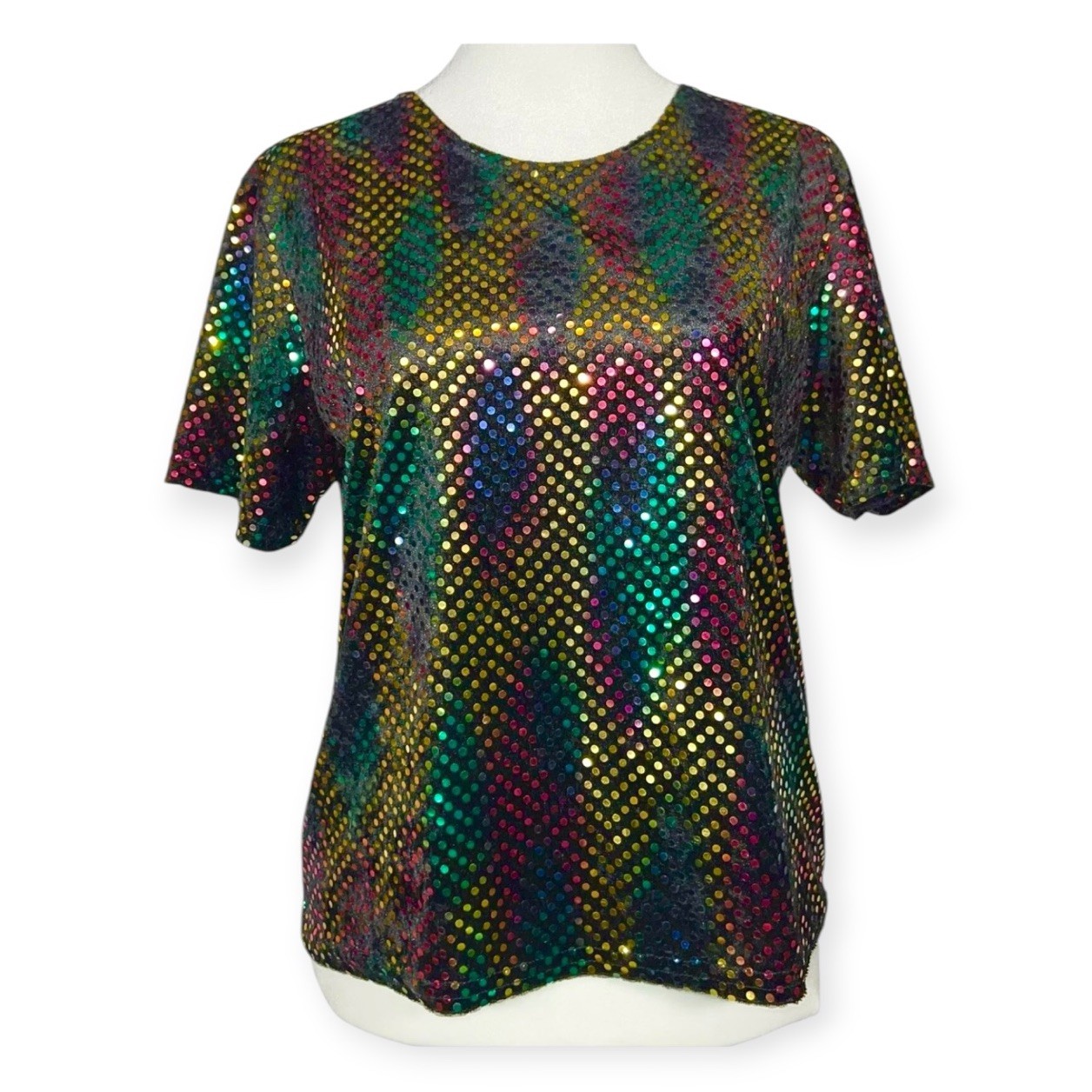 RAINBOW SNAKESKIN SEQUIN VELVET TOP SHIRT POP DIVA 1990s CLUB RAVE VINTAGE Y2K L