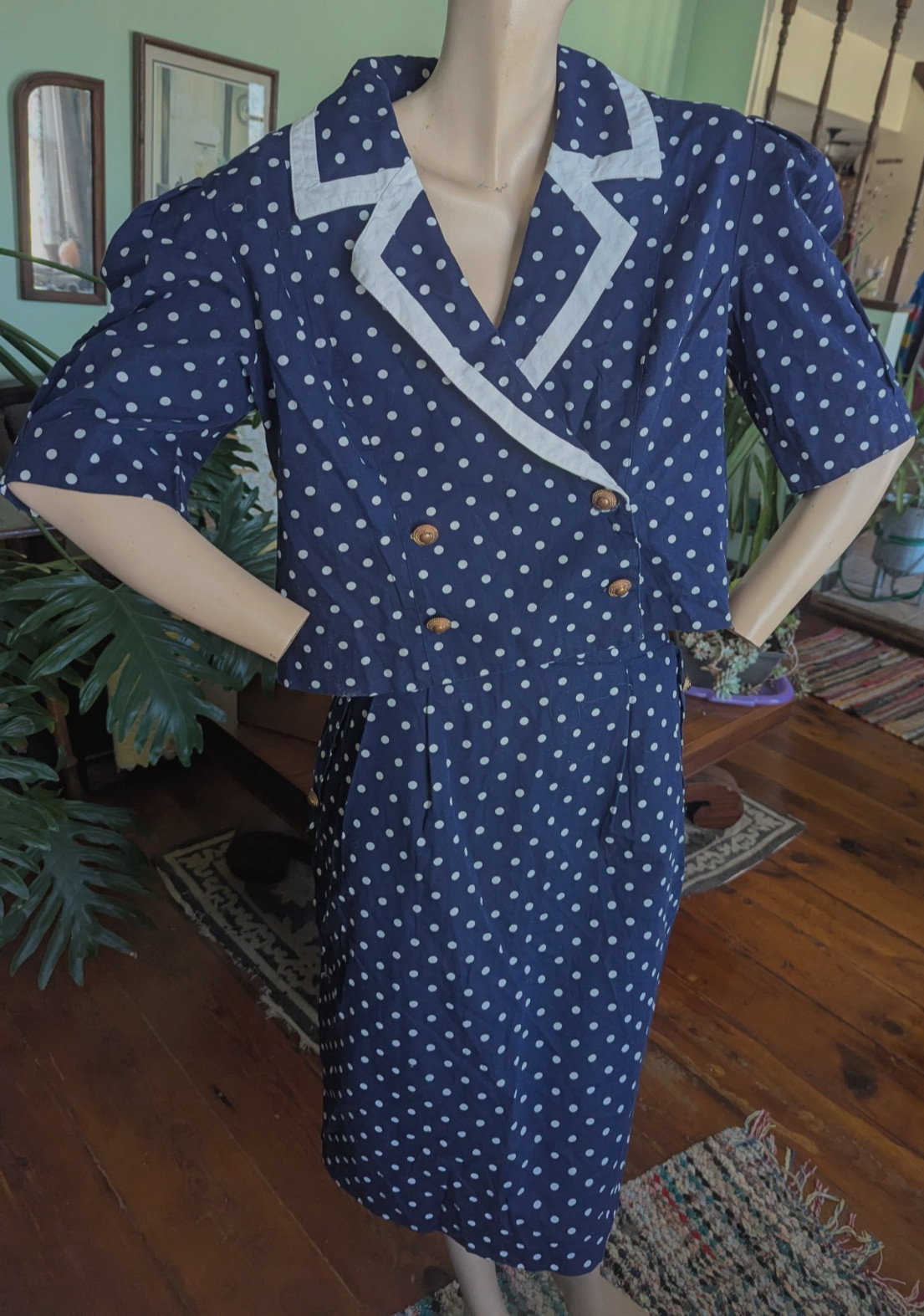 CHOON California Vtg 80s Polka Dot suit skirt short jacket Navy White sz16 EUC