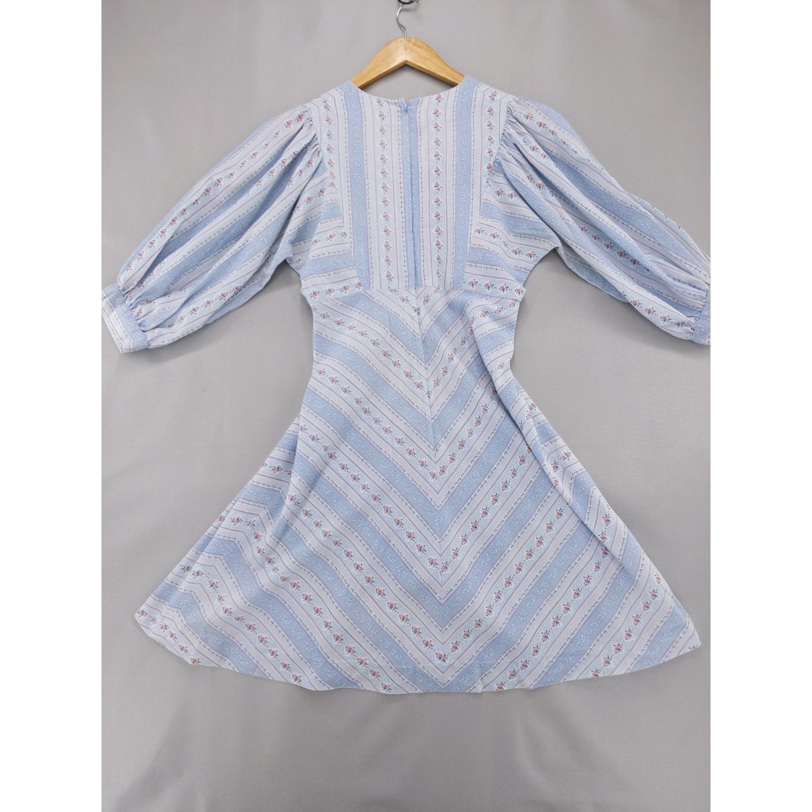 Vintage 70s Prairie Dress Womens Small Blue Floral Puff Sleeve Mini