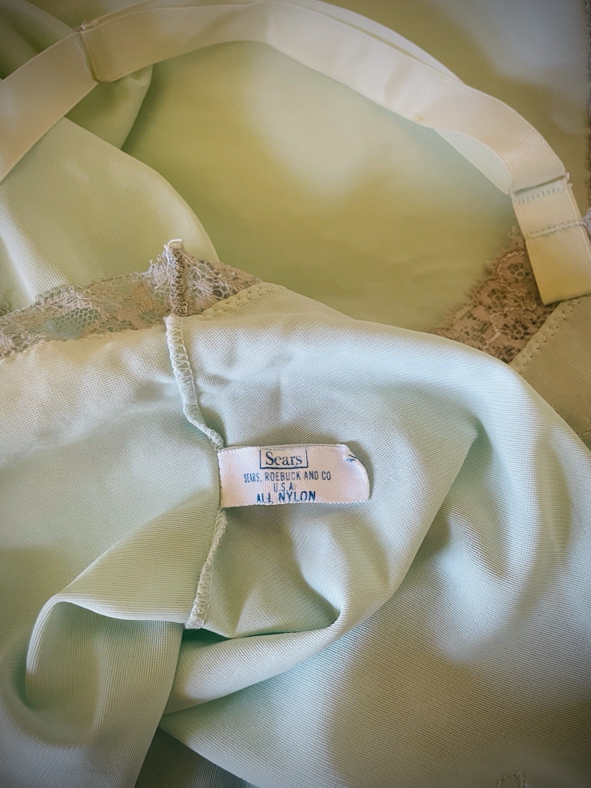 VTG 70s Sears Slip Dress Nightgown Sea foam Green Babydoll Nylon Lace Lingerie