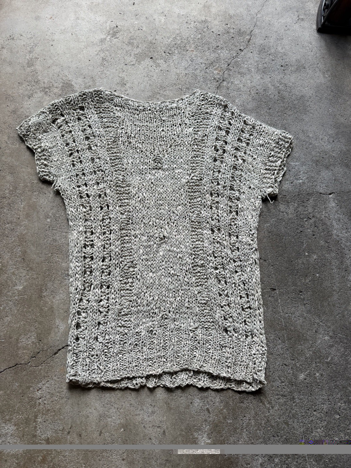 Vintage Woven Leather Top Boho Knit Short Sleeve Made in Turkey Medium Gray