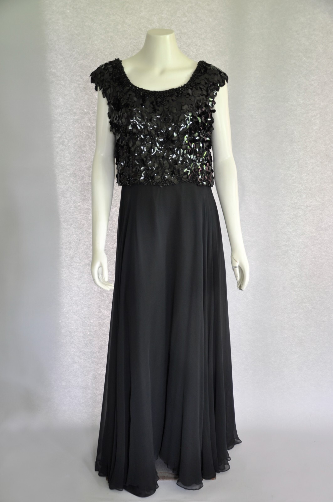 Vintage 1960s Black Silk Chiffon Party Maxi Dress w/ Paillette & Beading Formal