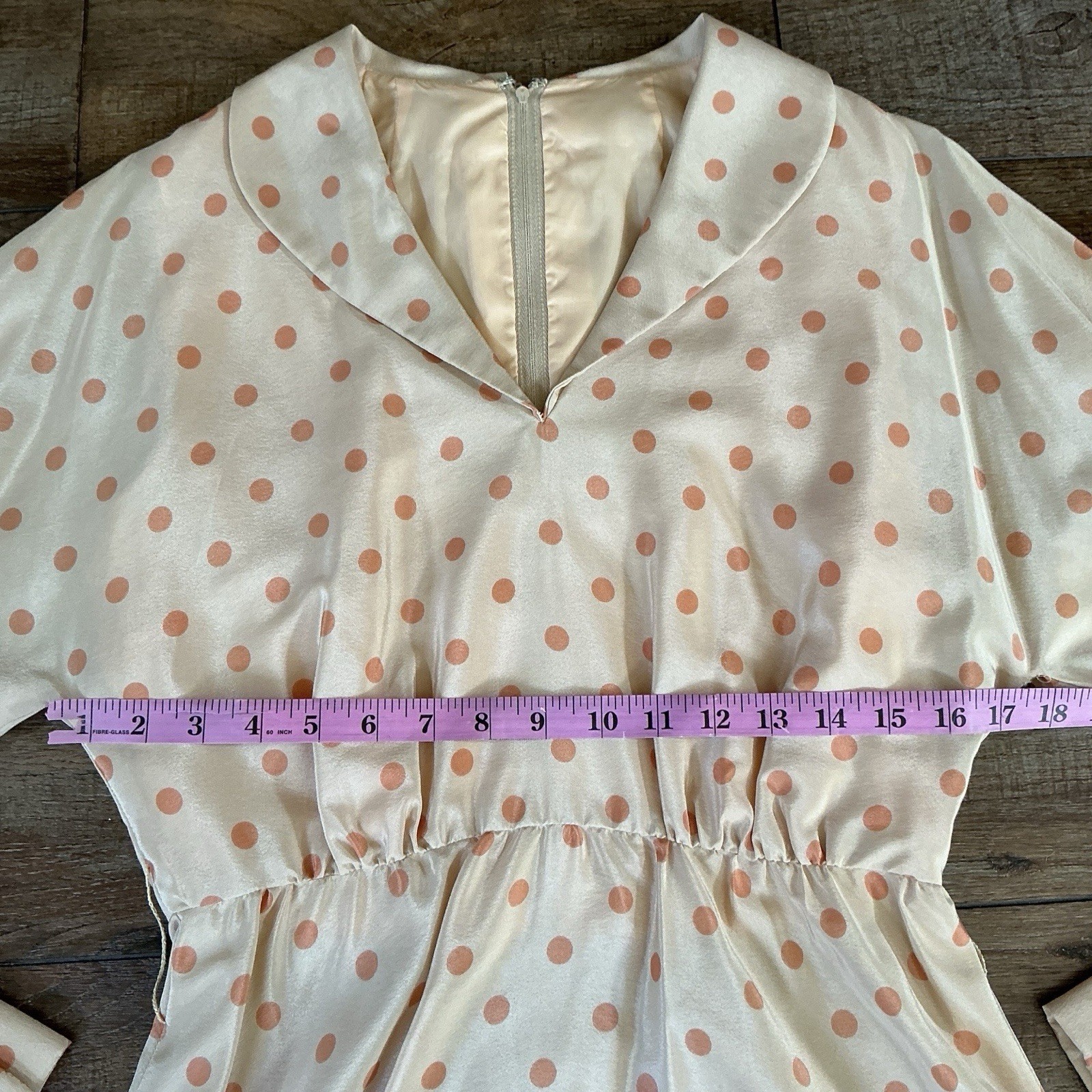 70s VTG Peach Polka Dot Belted Midi Dress Size M Blouson Sleeve Zip Back #1102