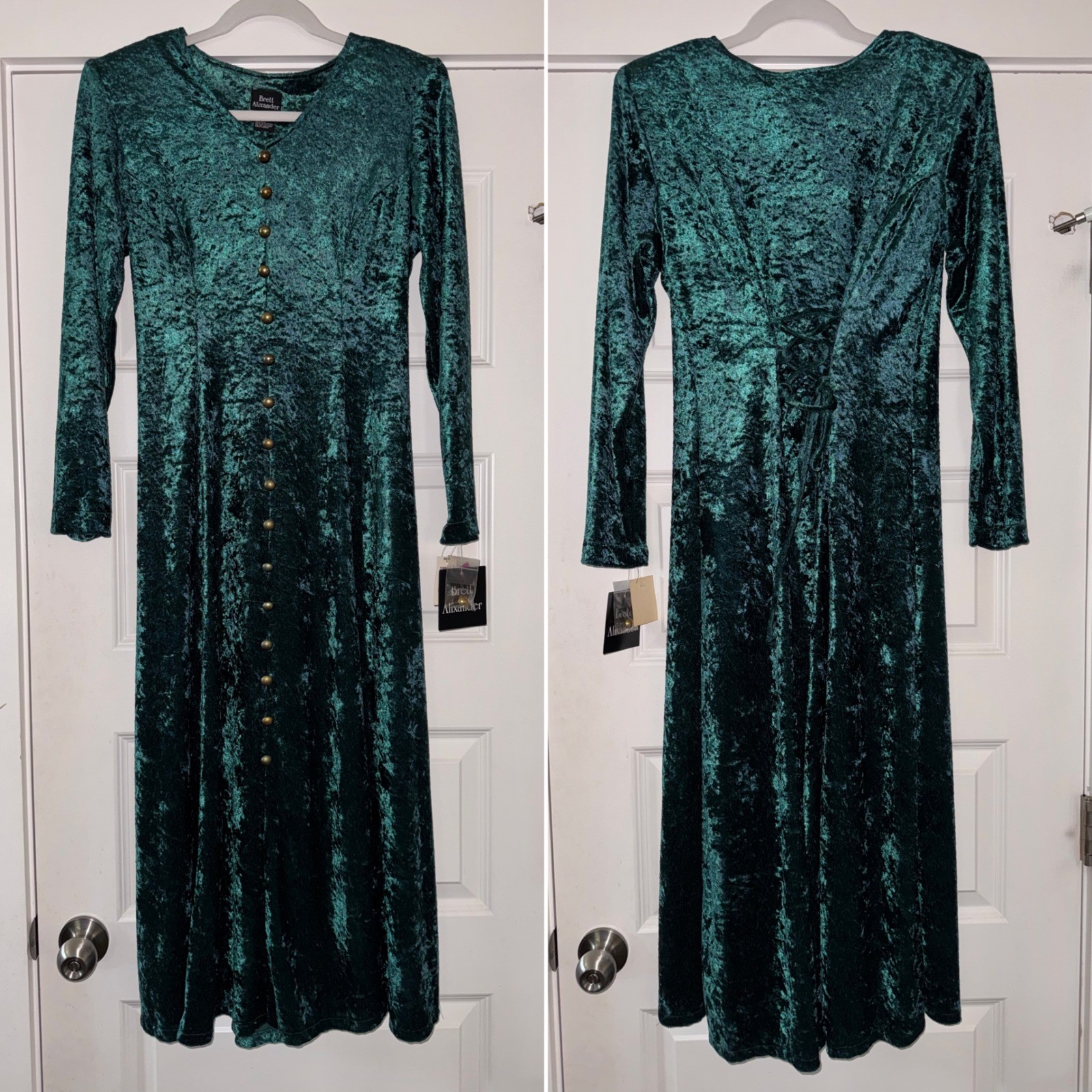 Vintage 90s Brett Alixander Emerald Green Crushed Velvet Maxi Dress NWT Size 8
