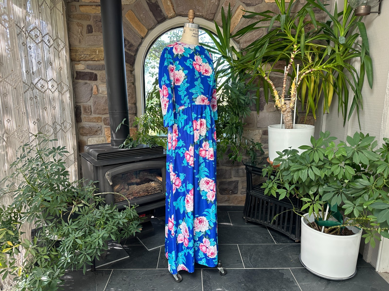 Vintage 1980s Blue and Pink Floral Summer Maxi Dress