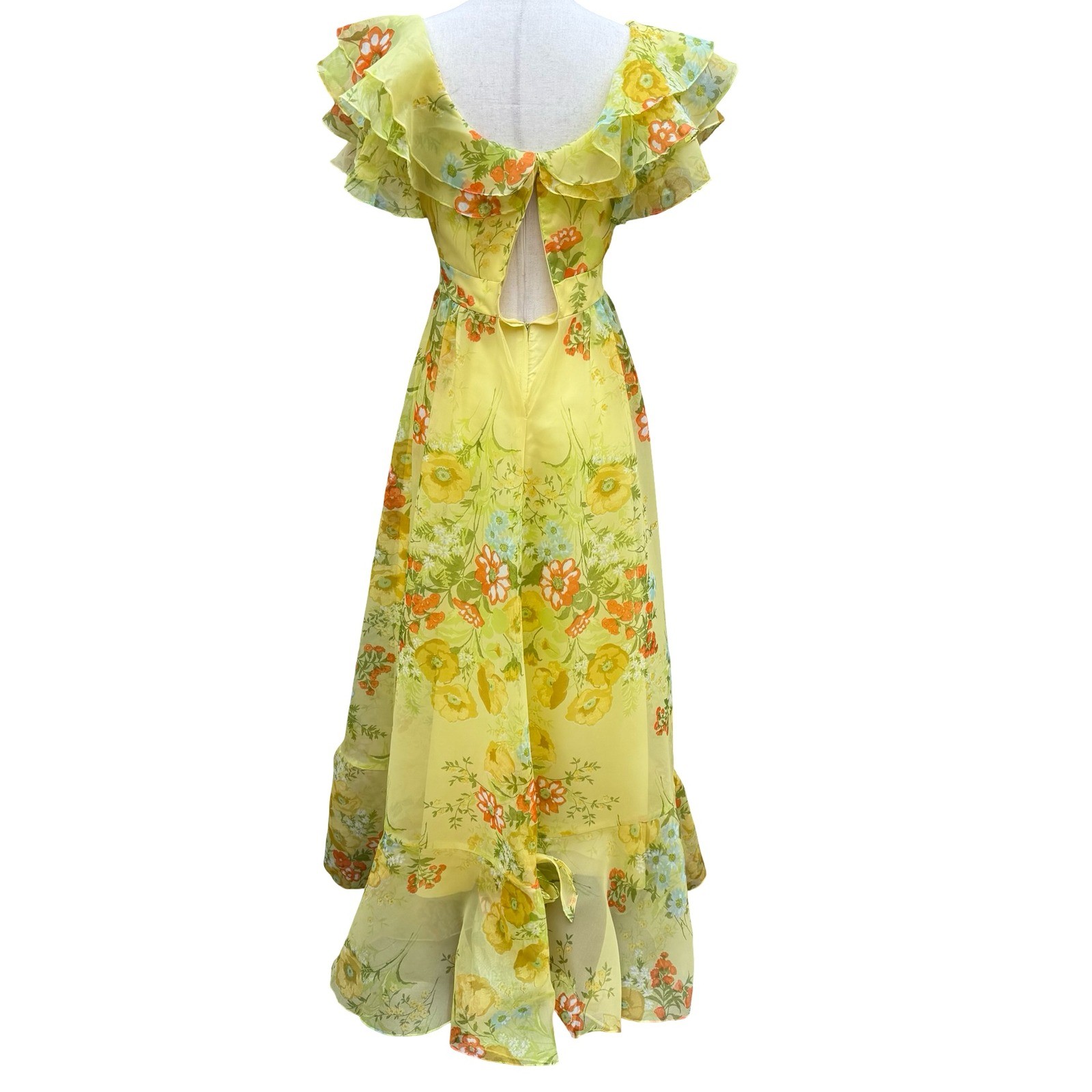 Vintage 70s Butter Yellow Floral Cottagecore Chiffon Ruffle Tiered Maxi Dress XS