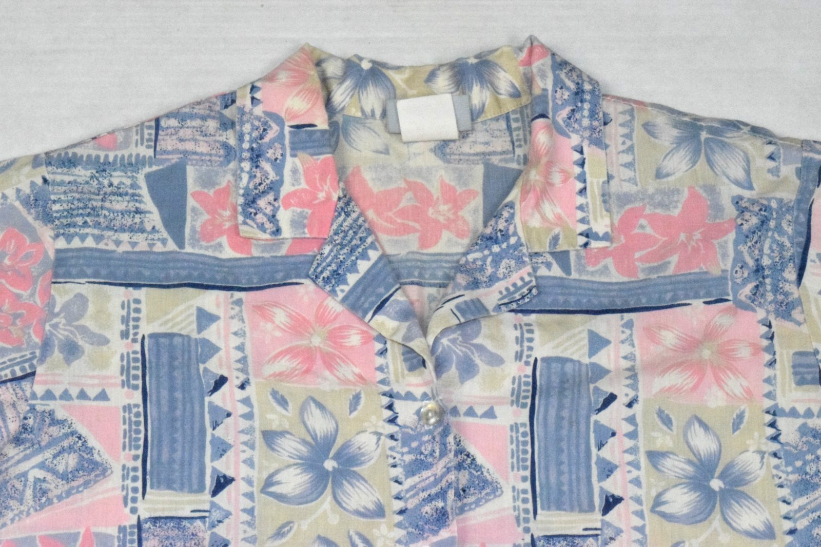 Vintage Hawaiian Shirt Blair Size L 90s Blue Pink Tropical Patchwork Cotton Poly