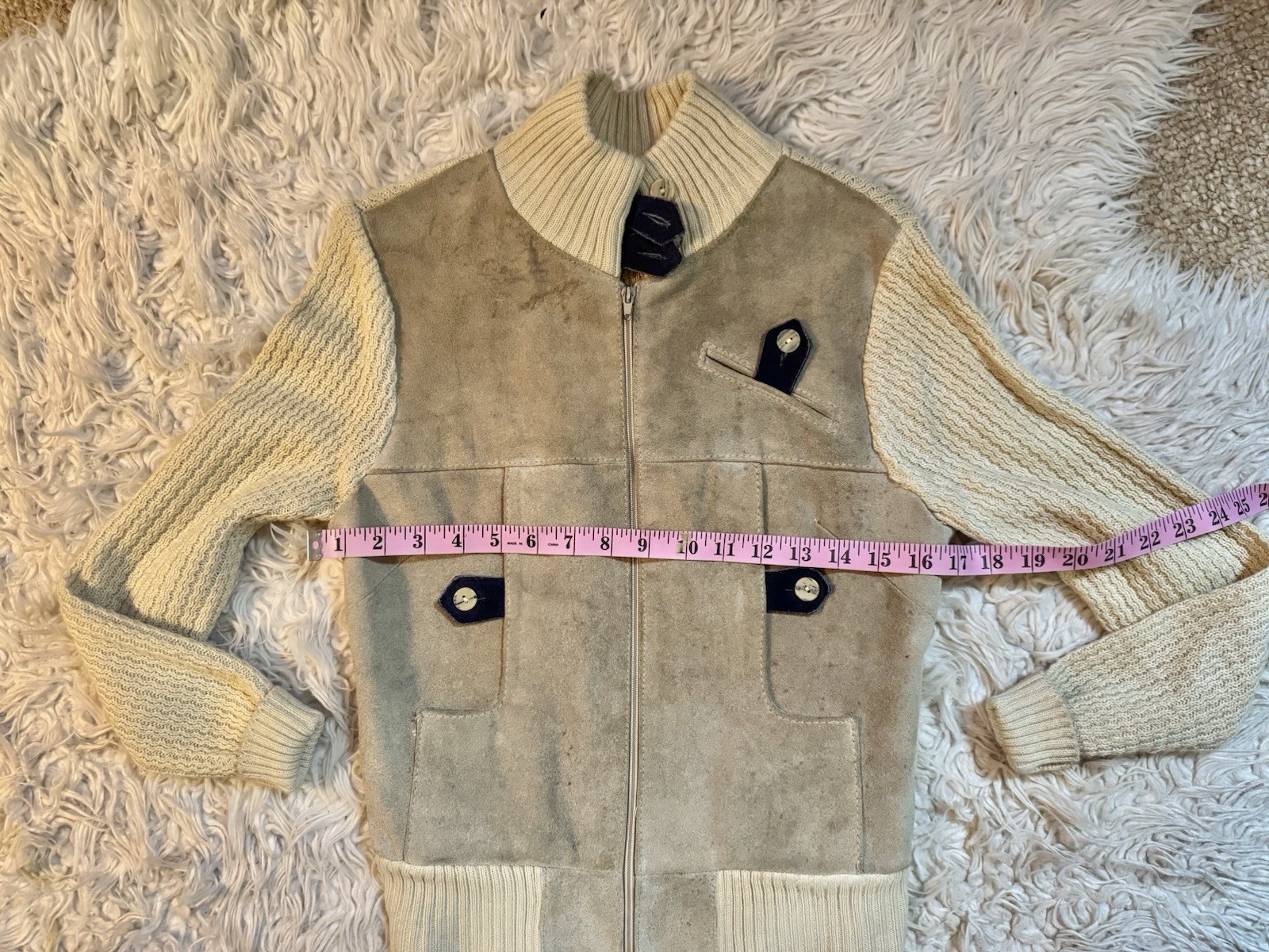 Vtg Suede Leather Acrylic Sweater Jacket Arpeja Taiwan Organically Grown Beige S