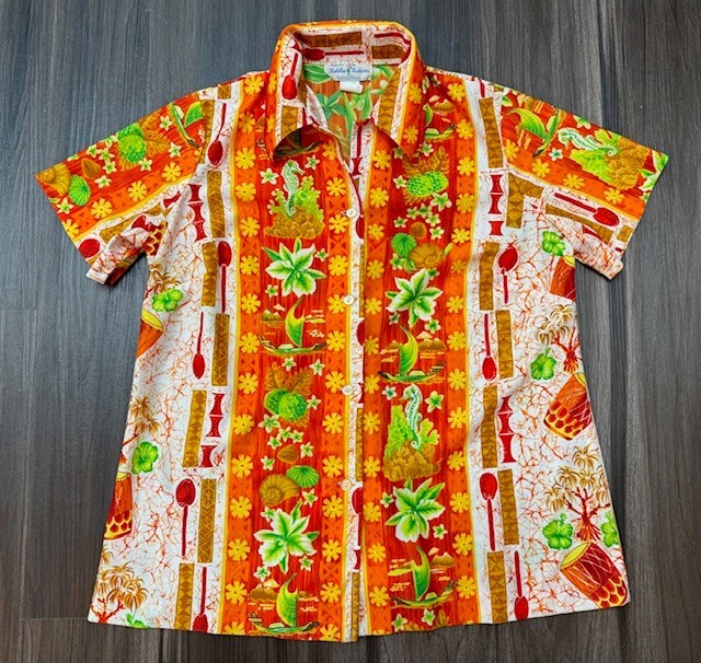 Vintage Hukilau Hawaiian Shirt 1960s Orange Womens 18 Drums Rockabilly Mod