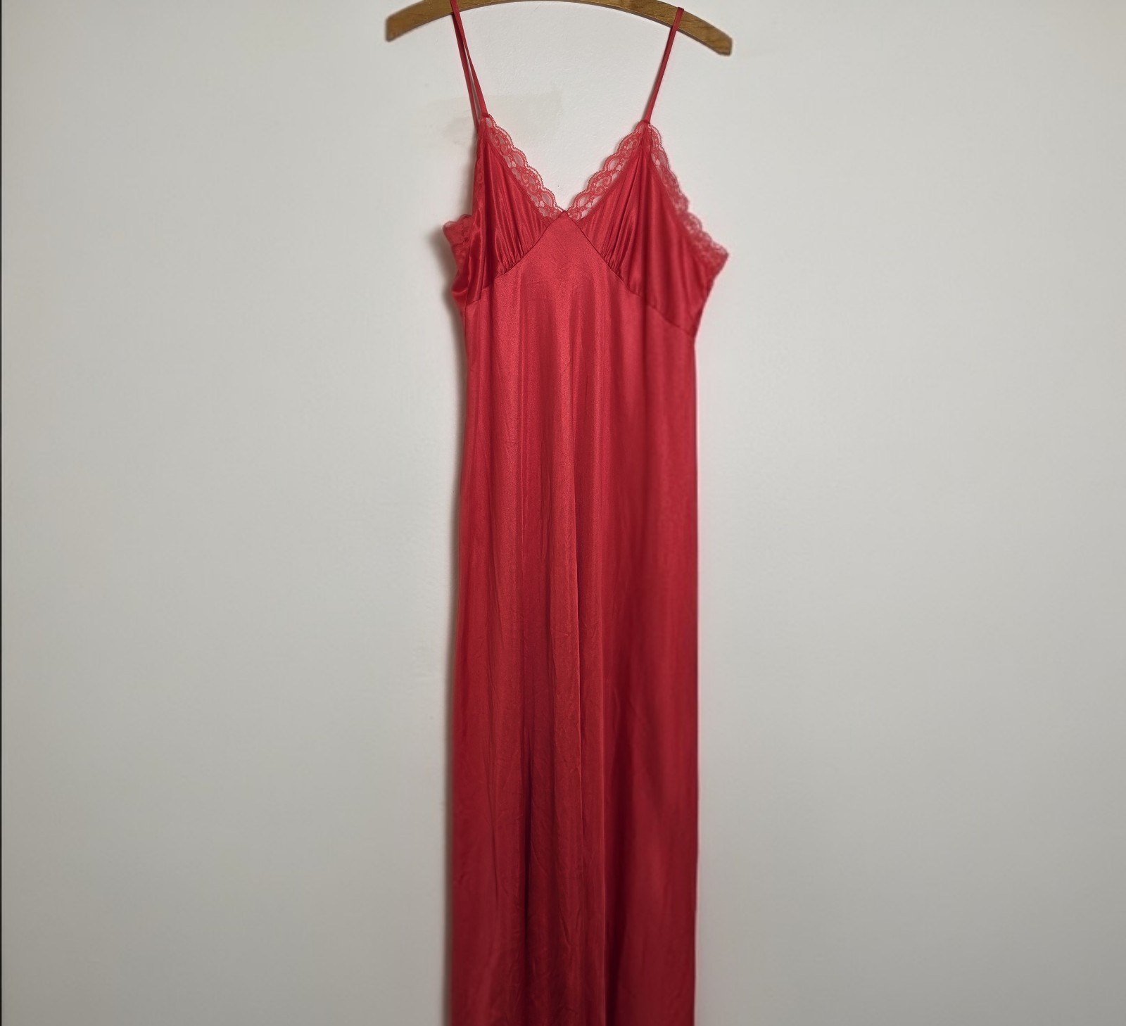 Vintage Nightgown Deena Red Lace Medium Floor Length Nylon Made In USA