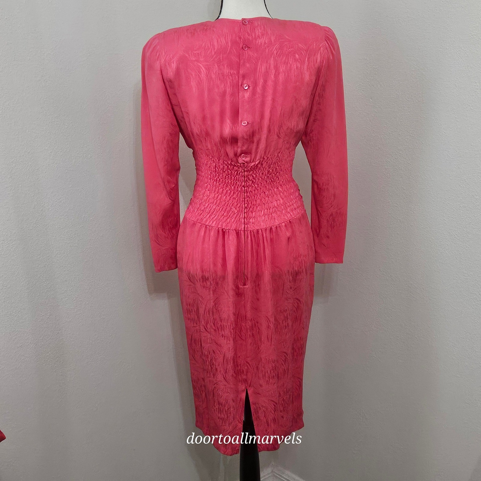 VTG Nora Noh Pink Silk Ruched Dress ’80s Does ’40s sz S Chic Formal Elegant