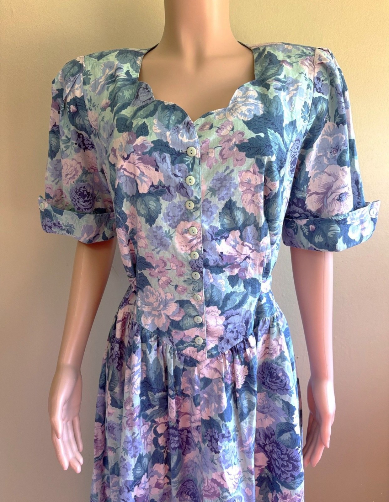 Vintage 80s Country Day Dress XL Button Up Tie Back Retro 40s Pastel Floral
