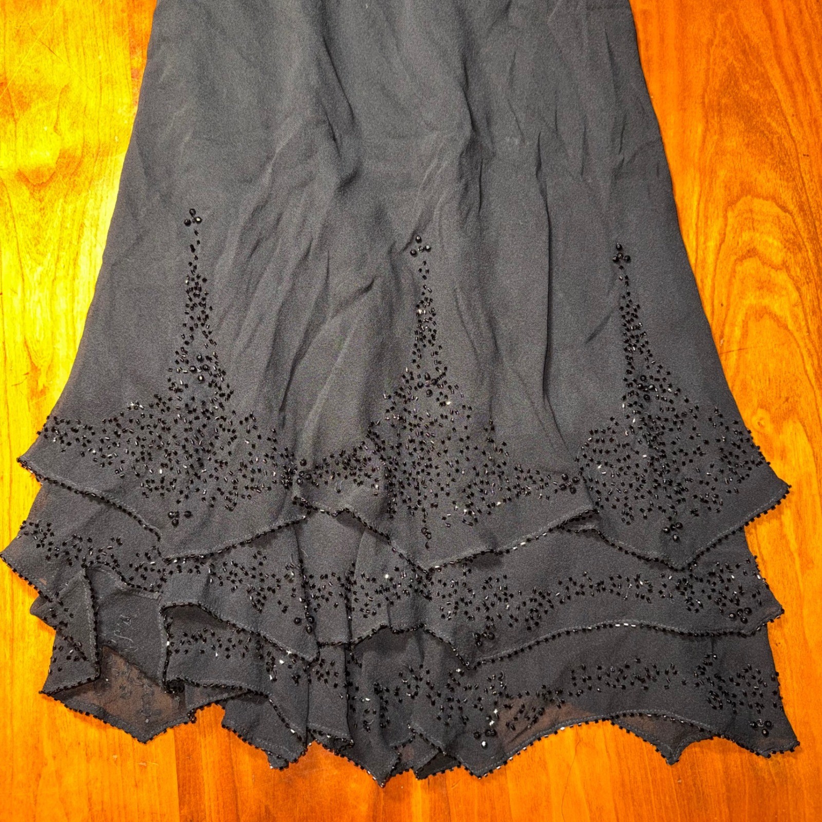 Jones New York Dress Womens 12 Black 100% Silk Beaded Tiered Ruffle Vintage y2k