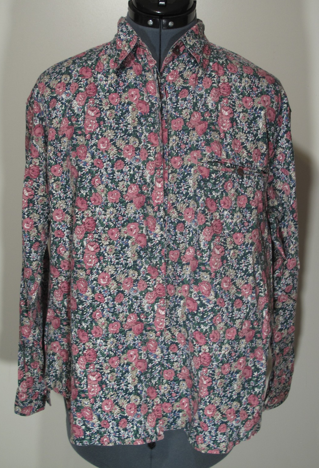 VTG Womens Shirt Sz M Paris Sport Club-Pocket Floral Long Sleeve 1980s Preppy