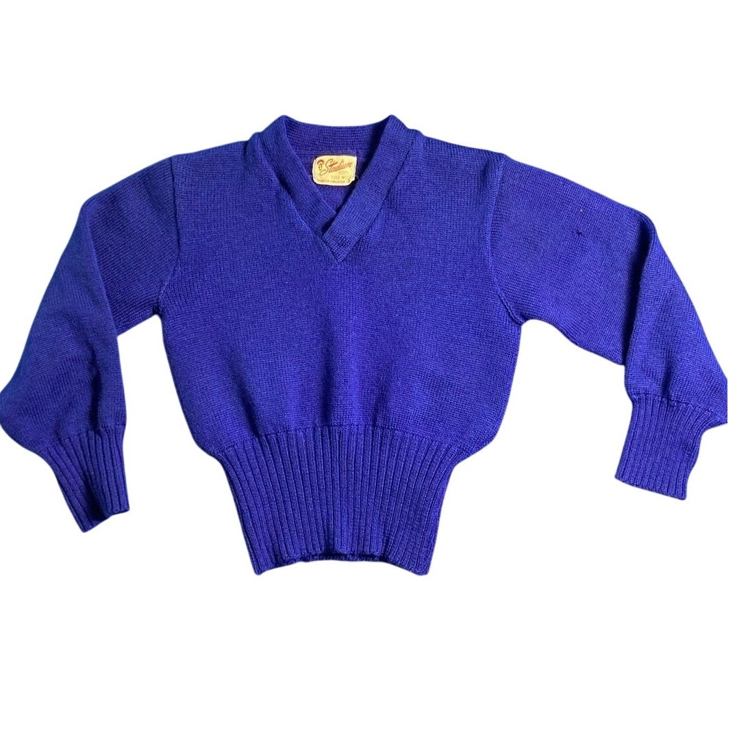 VTG Wool Varsity Style Knit Sweater 50’s Blue Stadium V-Neck Long Waistband