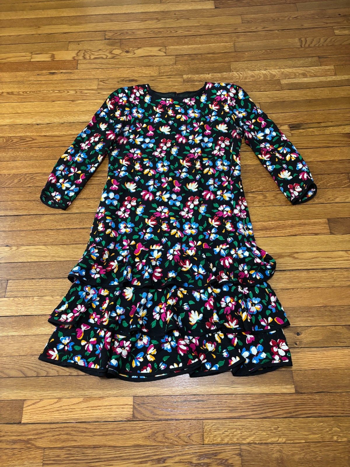 Vintage Richard Warren Womens 100% Silk Dress Sz 16 Black Floral Layered Ruffle