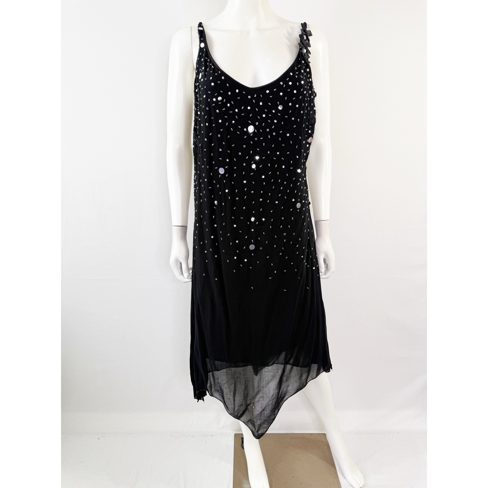 Vintage CDC Black Beaded Midi Dress Size 10 Sleeveless Cocktail Y2K