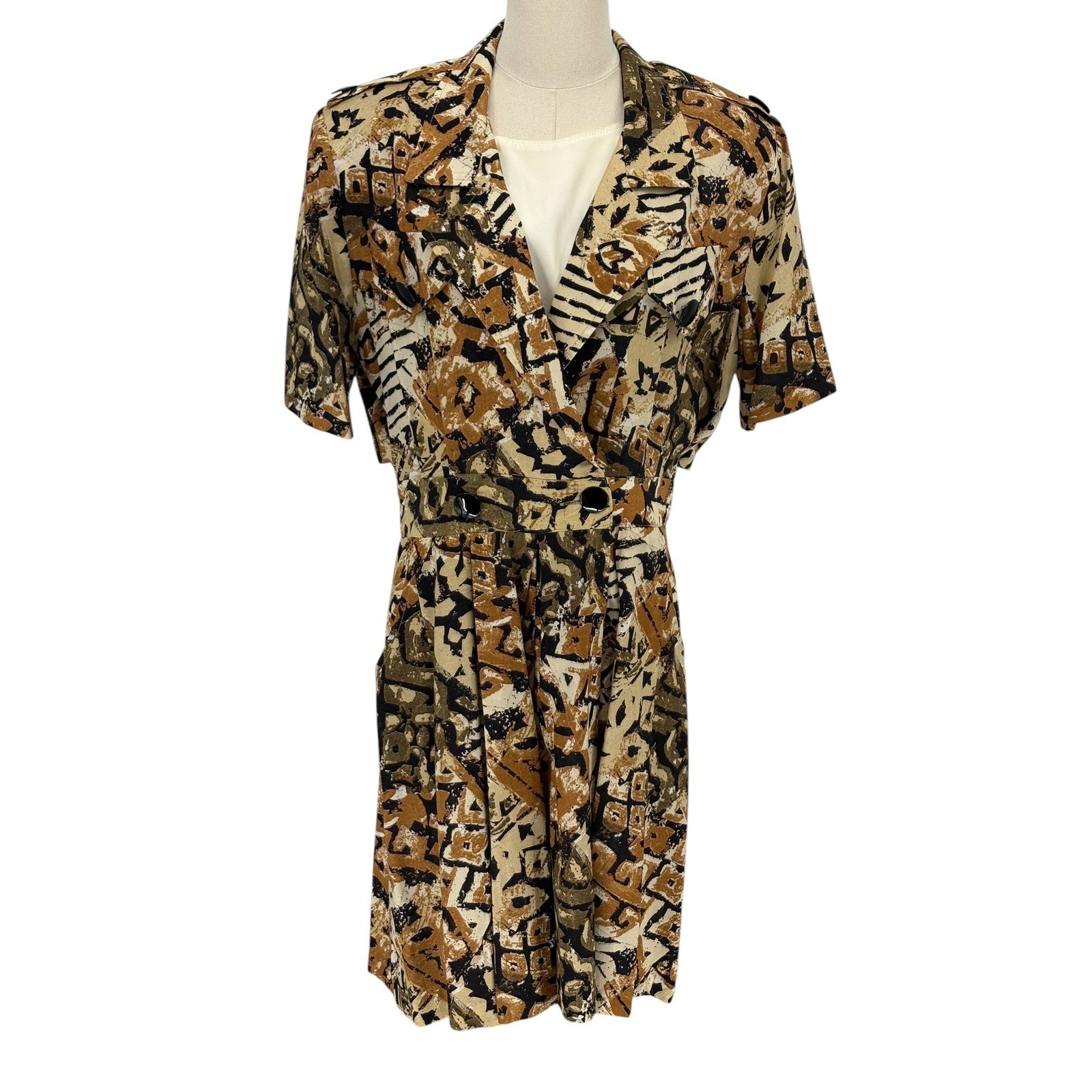 S.L. Petites Vintage Romper Tan Brown Abstract Geometric Print Size 14