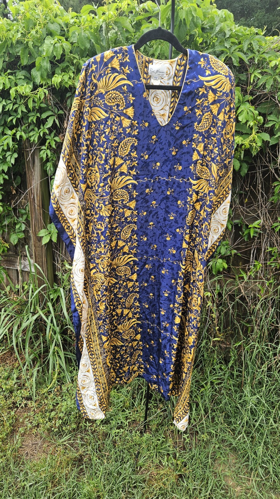 Vintage 1980s Ruth Norman Blue & Gold Baroque Print Caftan Dress One Size…