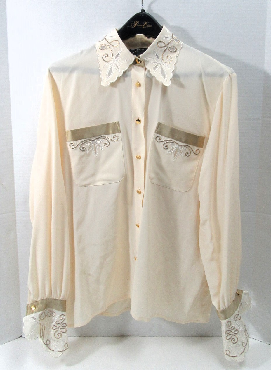 VINTAGE SUZELLE BUTTON DOWN SILK BLOUSE EMBROIDERED COLLAR/WRISTS SIZE 6 W/ TAG!