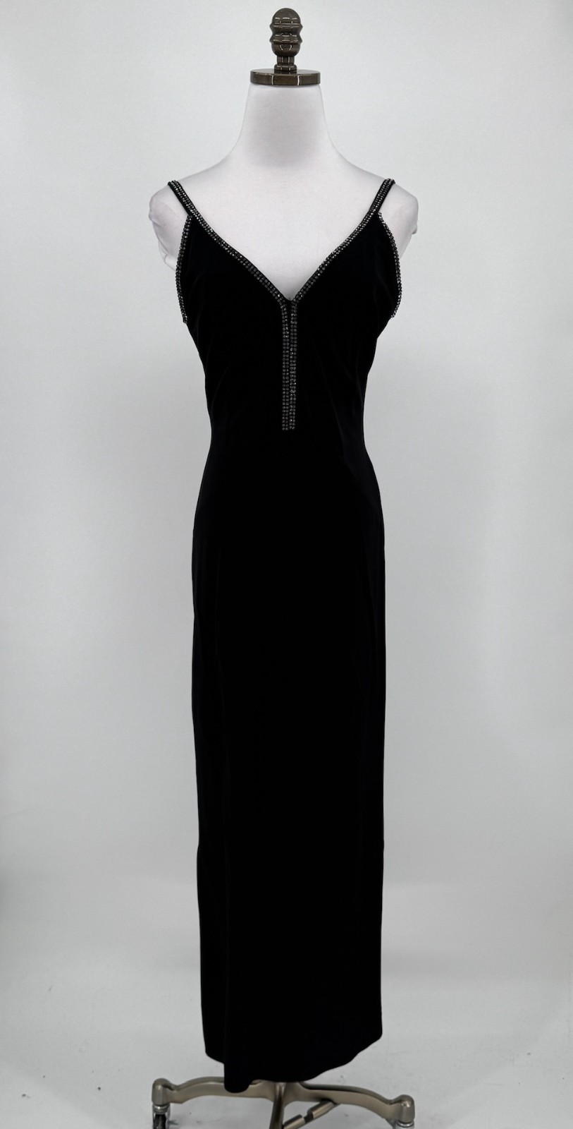 Aspeed USA Vintage Black V Neck Rhinestone Trim Sleeveless Maxi Slip Dress