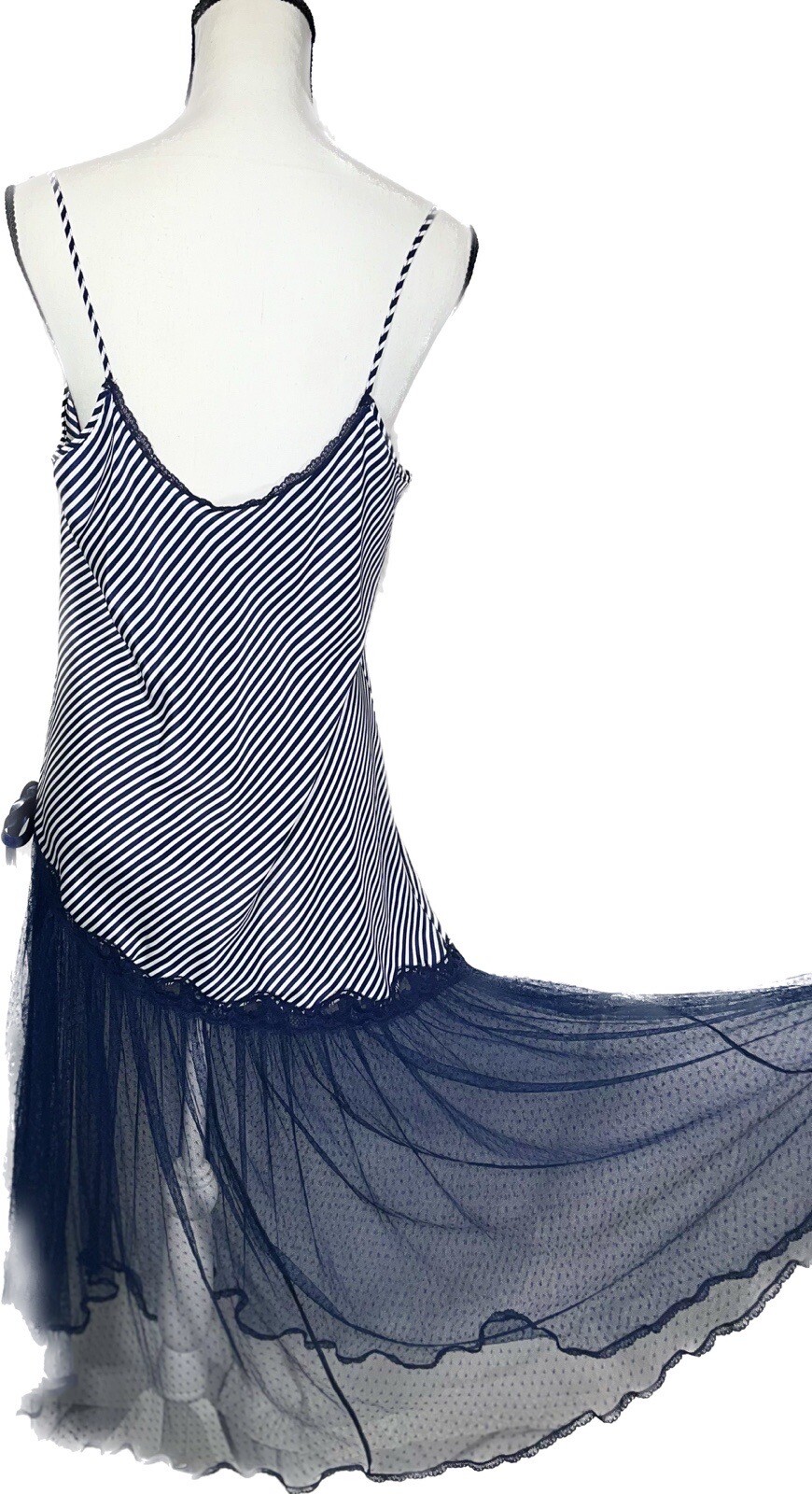 Vtg KEYLOUN Slip Flapper Dress Nightgown Drop Waist Net Mesh Skirt Navy Blue L