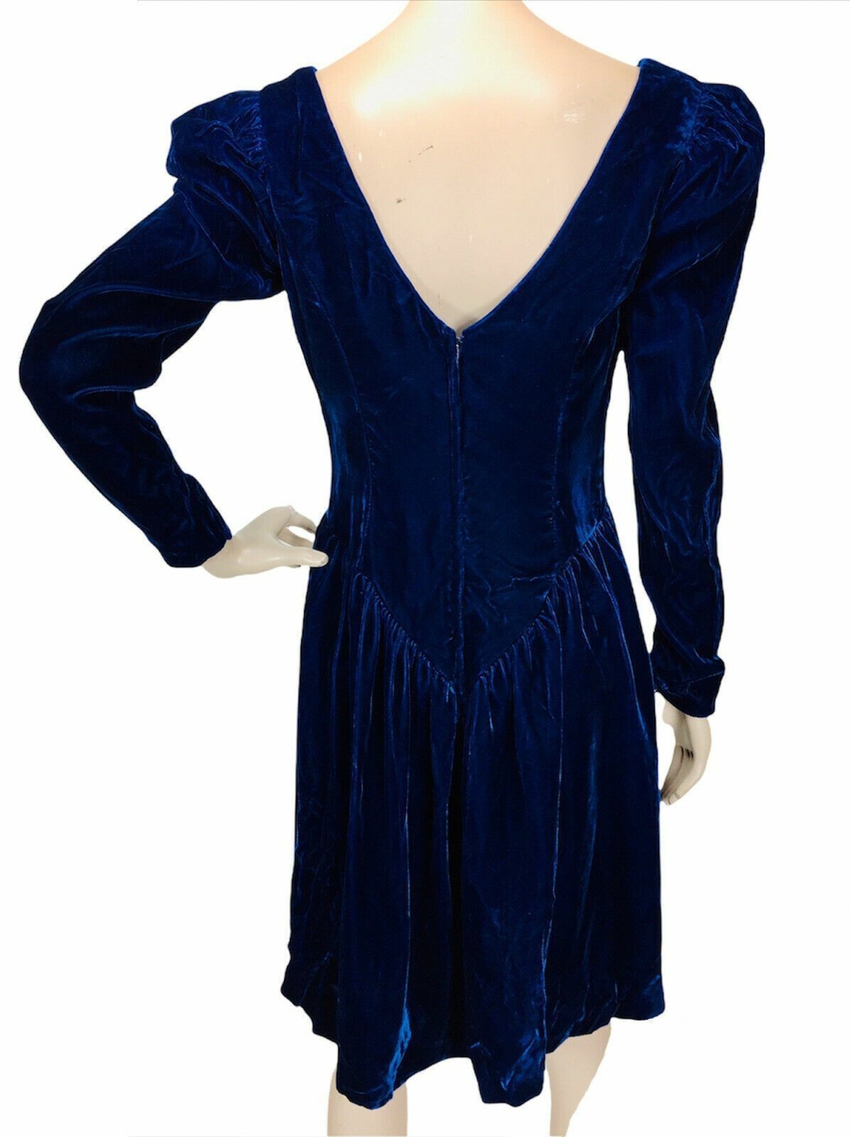 Vintage 70s Blue Jewel Tone Crushed Velvet Puff Sleeve Sheath Dress Medium