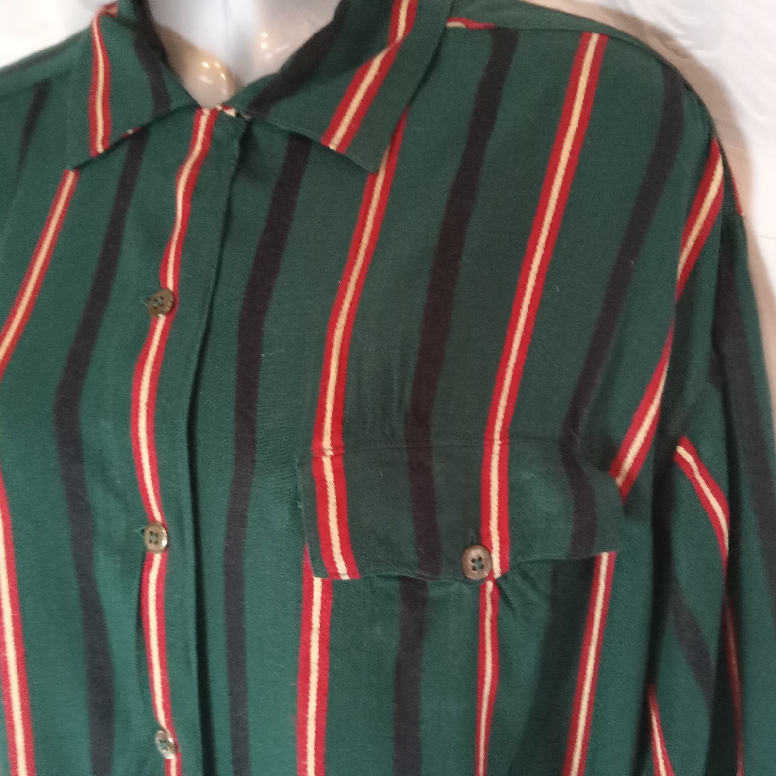 Esprit Women’s Shirt Button Down Green Red Stripe Preppy 1980s Size M Vintage
