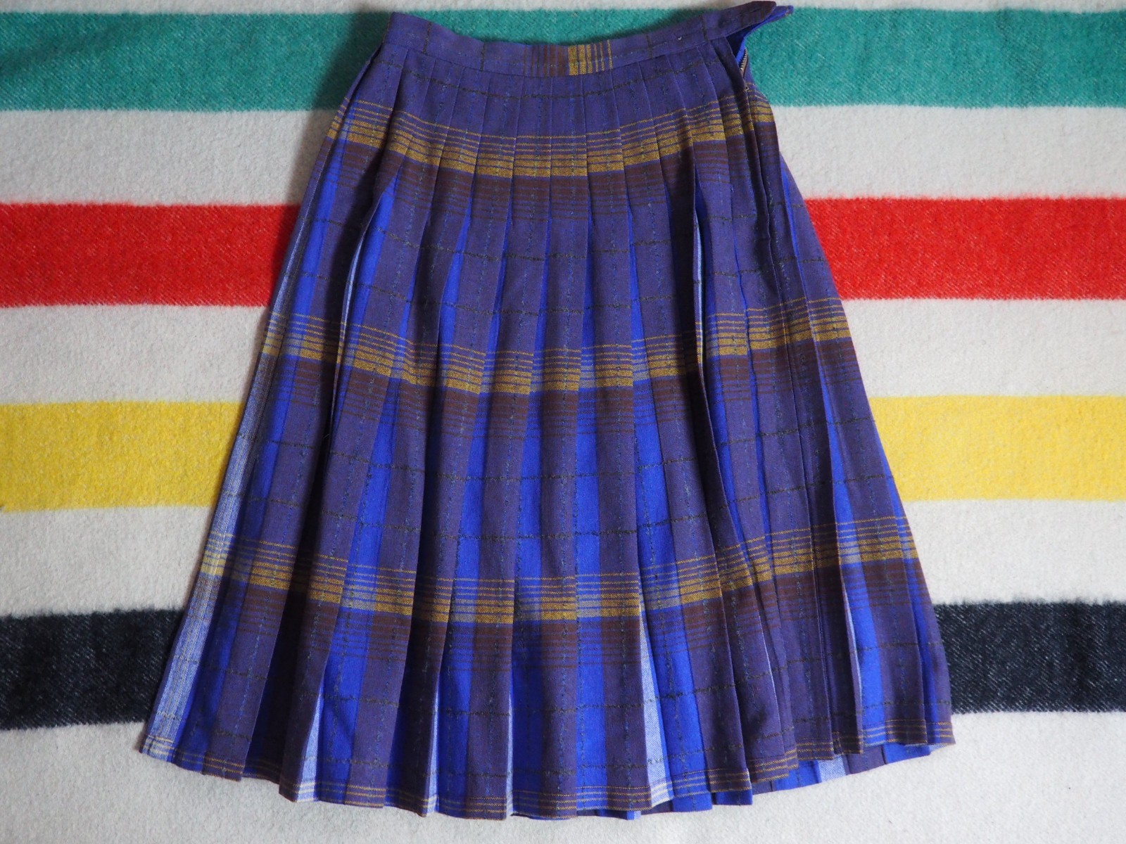 VTG 50s 60s Purple Blue Yellow Turnabout Wool Plaid Boho 27W Tartan Skirt Womens