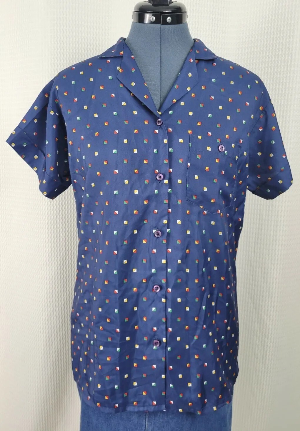Vintage Lady Van Heusen Blue Short Sleeved Blouse w Multicolored Squares Size 10
