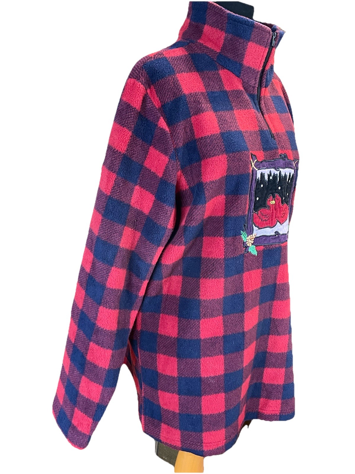 Quacker Factory Buffalo Plaid Fleece Quarter Zip Pullover Bird Embroidered M VTG